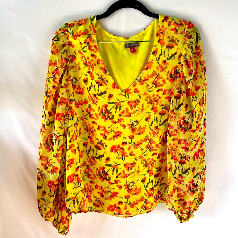 Vince camuto spring blouse‎ floral print lined top balloon sleeves size medium